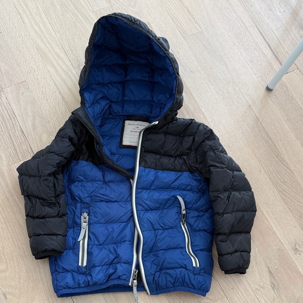Blue and Black Puffer Jacket with Hood